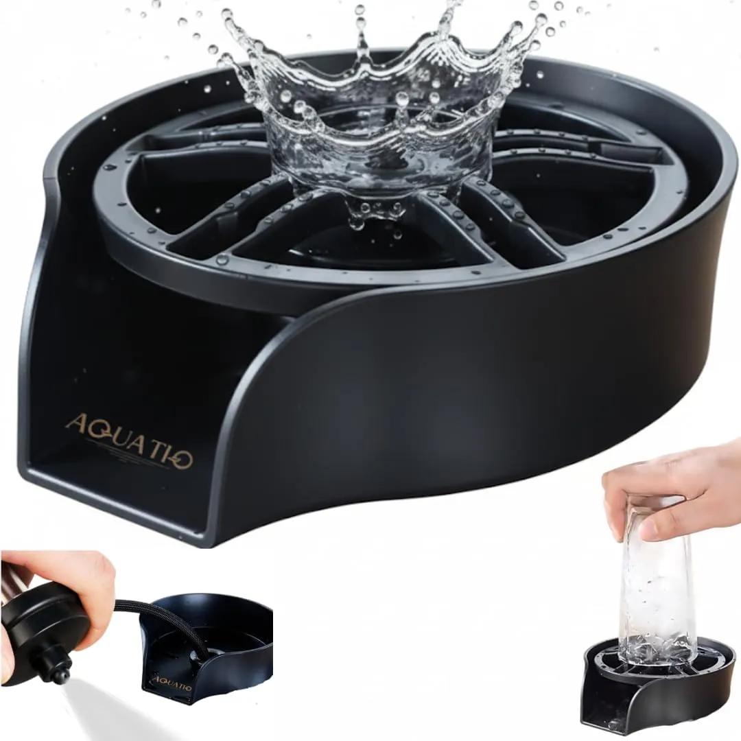 AquatiQ matte black 2-in-1 glass rinser and sink sprayer with water splashing from the center nozzle