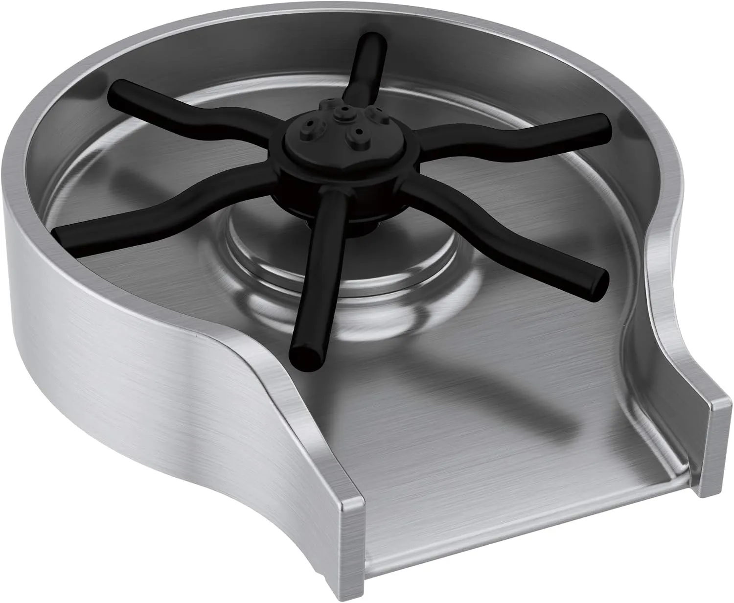 Delta brushed nickel glass rinser with a black rubber spoke nozzle in a round stainless steel basin