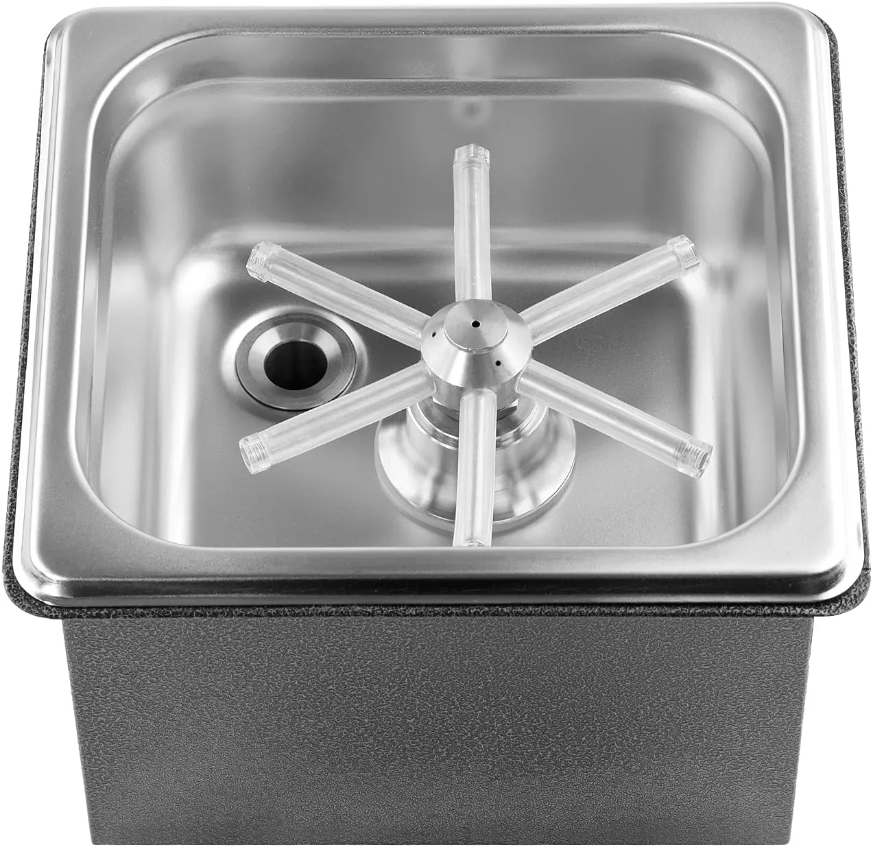 YBB stainless steel pitcher glass rinser with a clear plastic star-shaped nozzle in a square basin